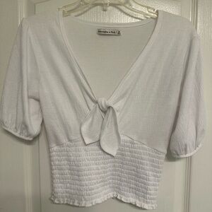 Abercrombie & Fitch White Tie-Front Smocked Crop Top